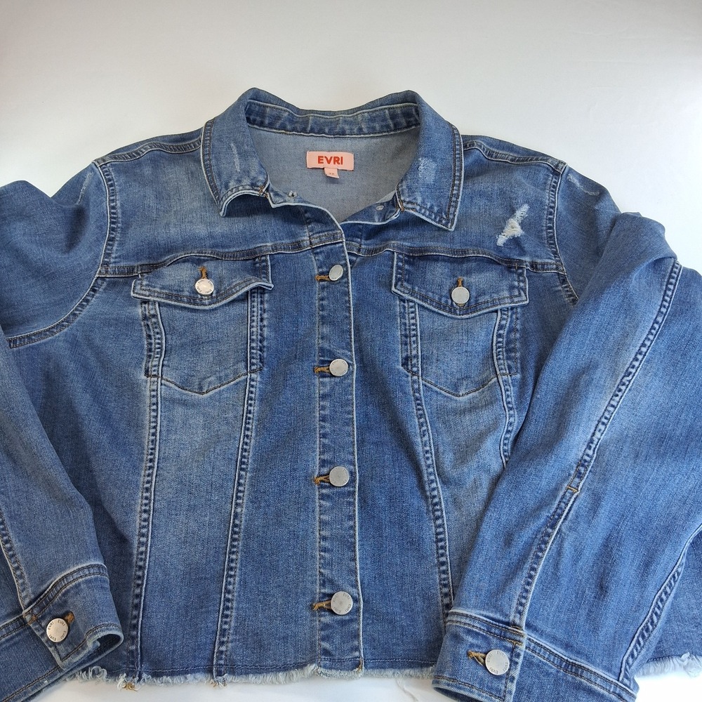 EVRI Blue Denim Long Sleeve Distressed Rough Hem Jean Jacket SZ 3X